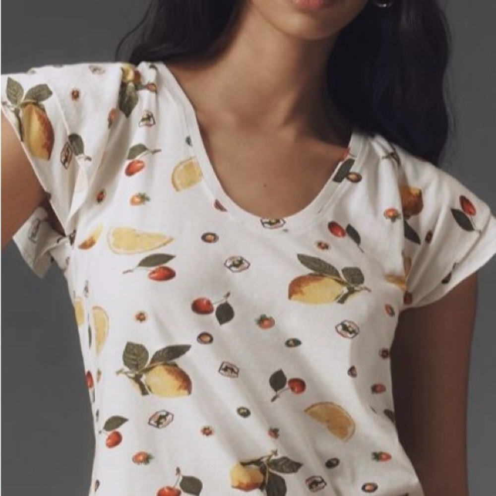 Maeve Lemon and Cherry Print Short Sleeve Top from Anthropologie size L